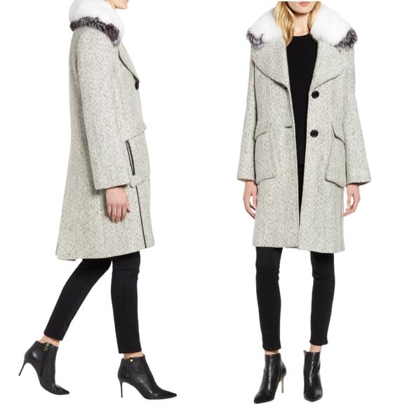 DEREK LAM 10 CROSBY Tweed Coat Wool Fur Collar Pockets White Black Designer 8 - Picture 14 of 14